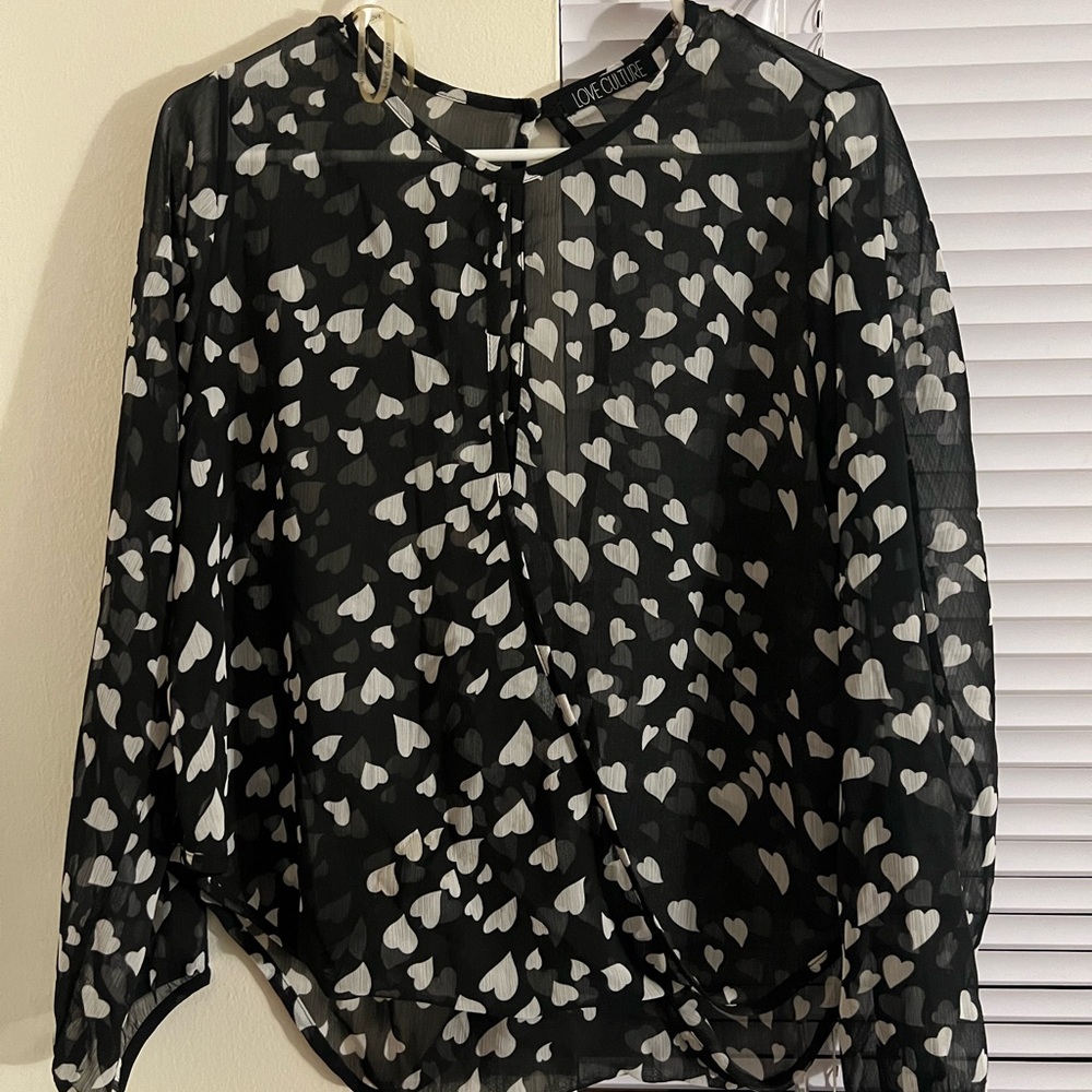 Mesh black blouse with white hearts